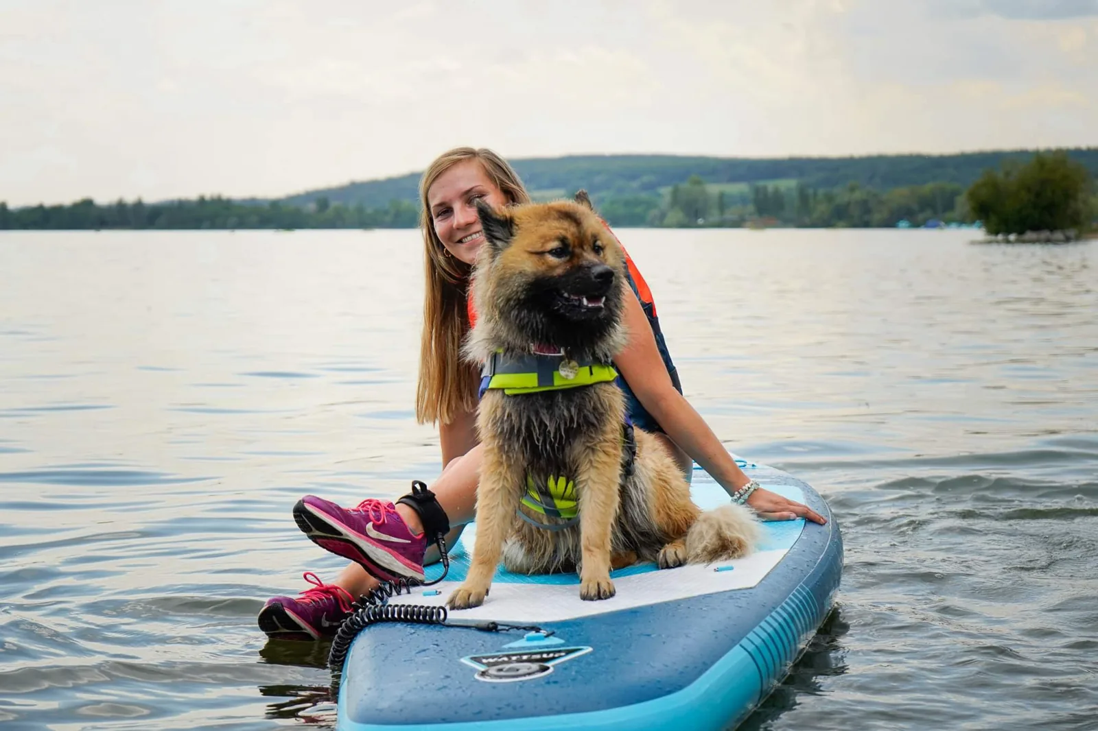 Maître et chien assis sur un paddle gonflable sur le lac en Normandie