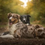 Deux chiens de Florian complices, allongés ensemble en forêt en Normandie